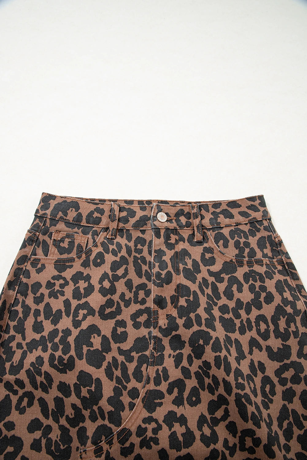 Brown Leopard Frayed-Bottom Denim Skirt with Slit