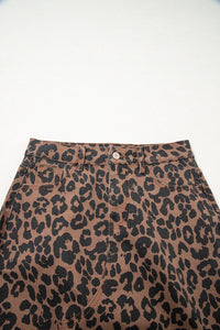 Brown Leopard Frayed-Bottom Denim Skirt with Slit