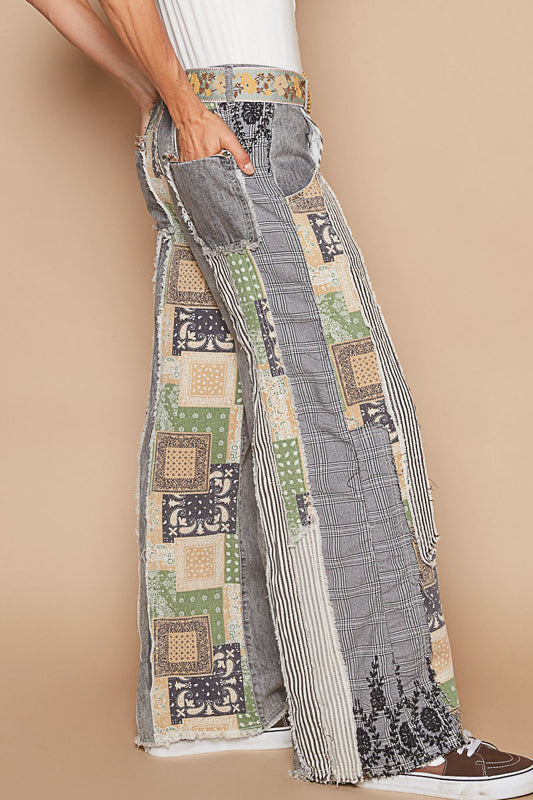 Moody Scape Denim & Linen Patchwork Pants