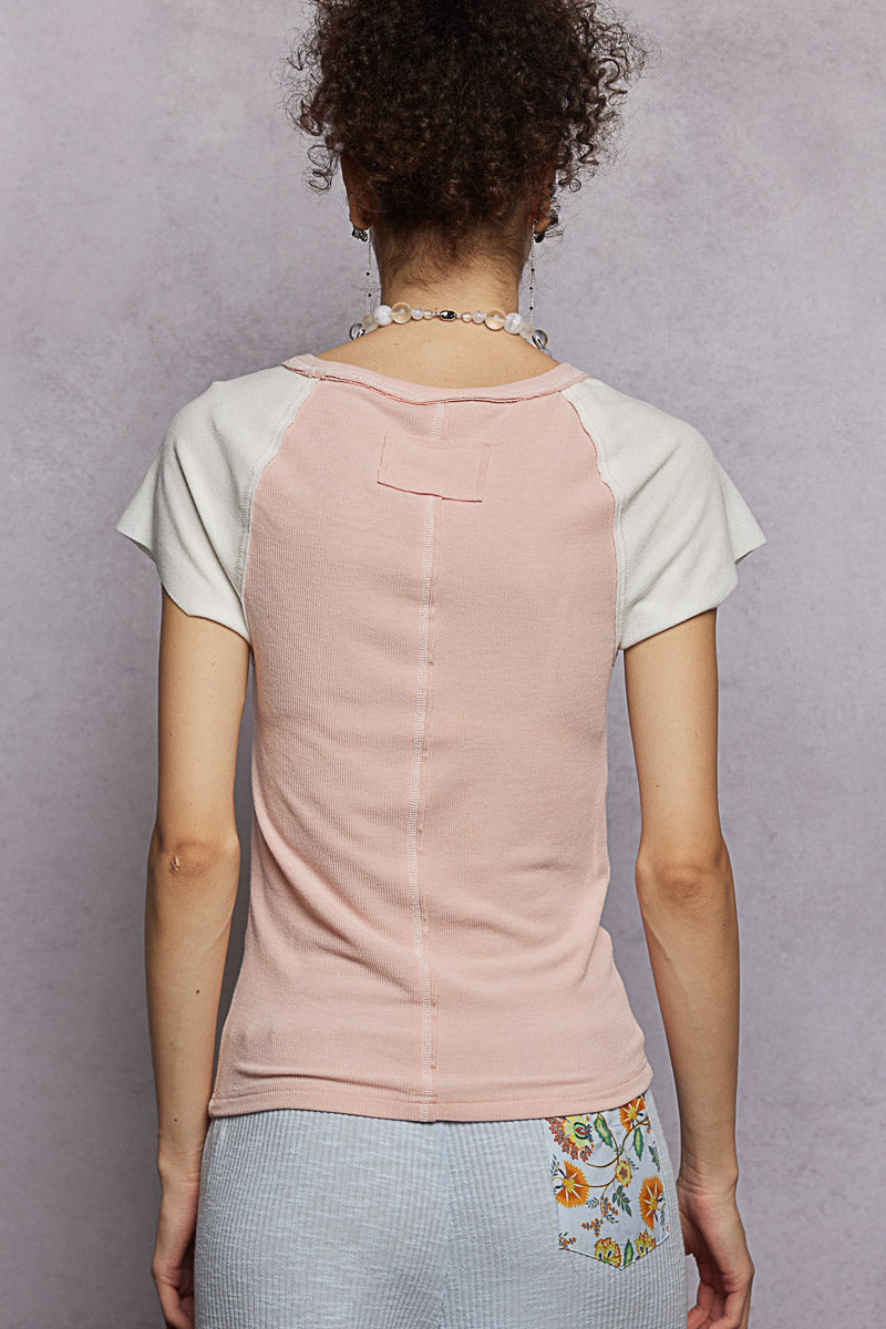 Rose/Ivory Soft Ribbed Top w/Raglan Short Sleeves
