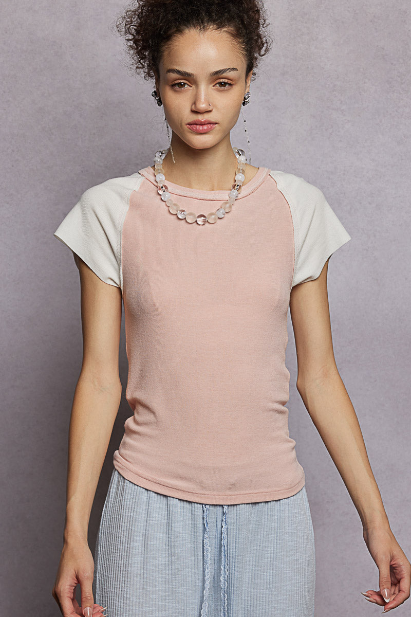 Rose/Ivory Soft Ribbed Top w/Raglan Short Sleeves