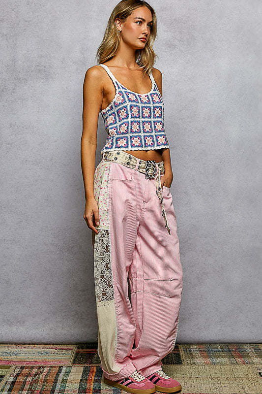 Ashley Pink & White Striped Denim Pants with Floral & Lace Side Details