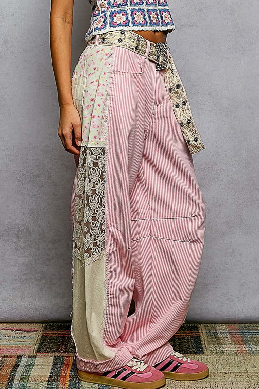 Ashley Pink & White Striped Denim Pants with Floral & Lace Side Details