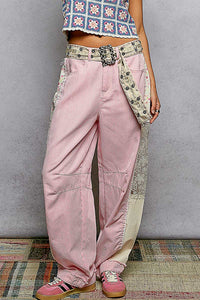 Ashley Pink & White Striped Denim Pants with Floral & Lace Side Details