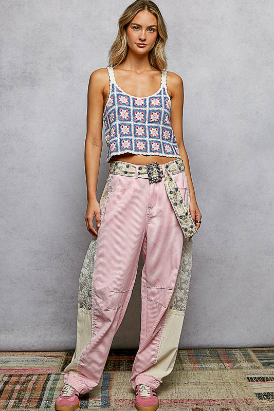 Ashley Pink & White Striped Denim Pants with Floral & Lace Side Details