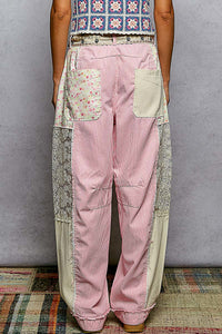 Ashley Pink & White Striped Denim Pants with Floral & Lace Side Details
