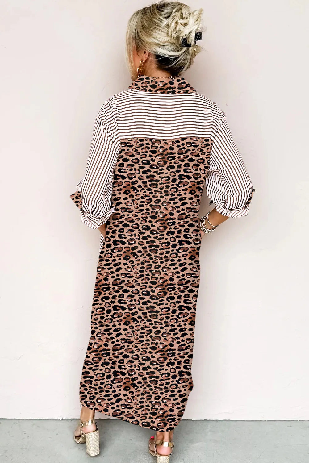 Brown & White Striped and Leopard Print Shirt Dress with Pockets