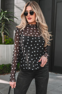 All-Over Black/White Polka Dot Mock Neck Mesh Long Sleeve Top