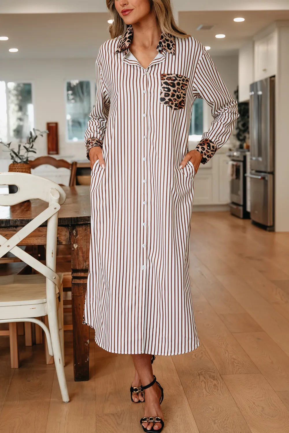 Brown & White Striped and Leopard Print Shirt Dress with Pockets