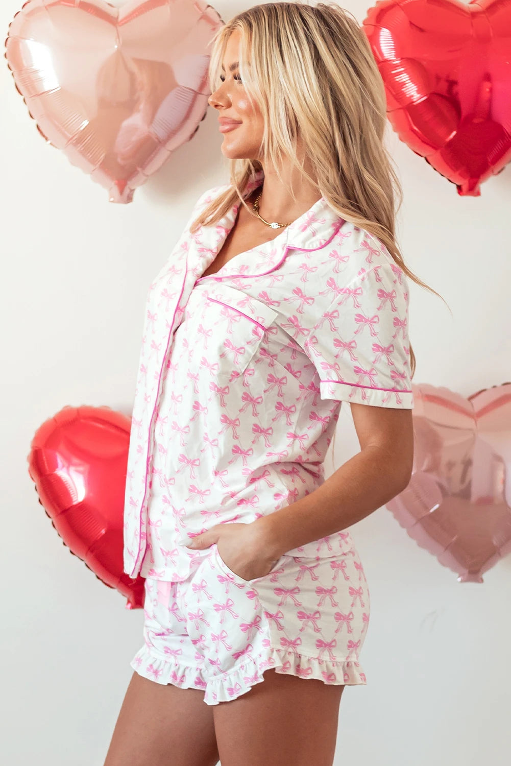 Millie Pink and White Bow Ruffled Shorts 2pc Pajama Set
