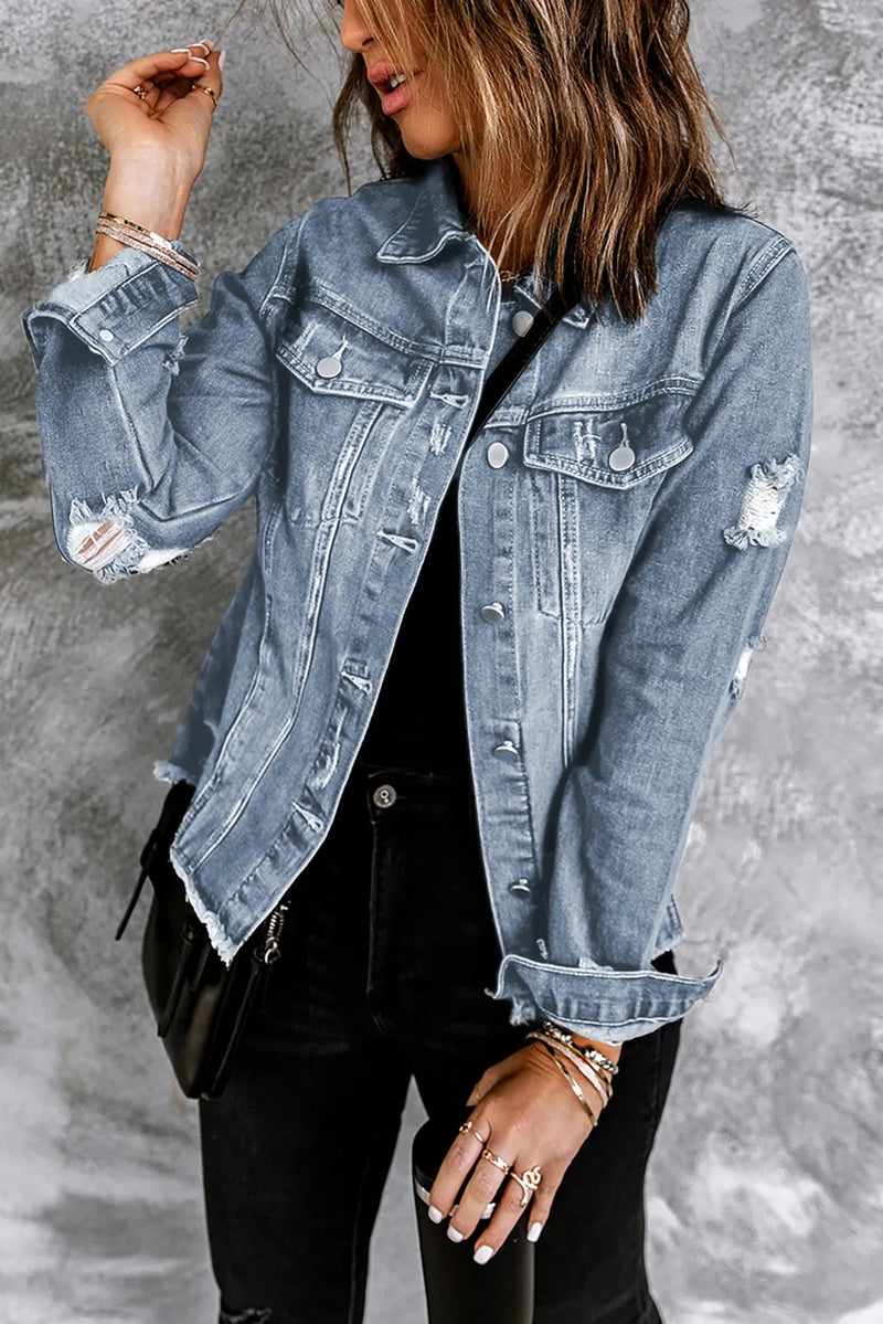 Ella Blue Jean Jacket, Distressed w/Raw Hem