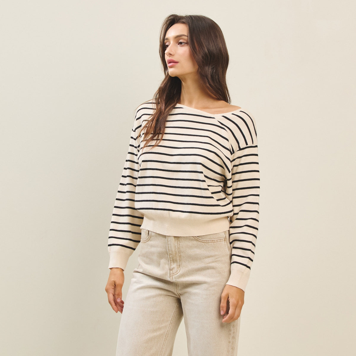 Asymmetric Boat Neck Cream & Black Sweater