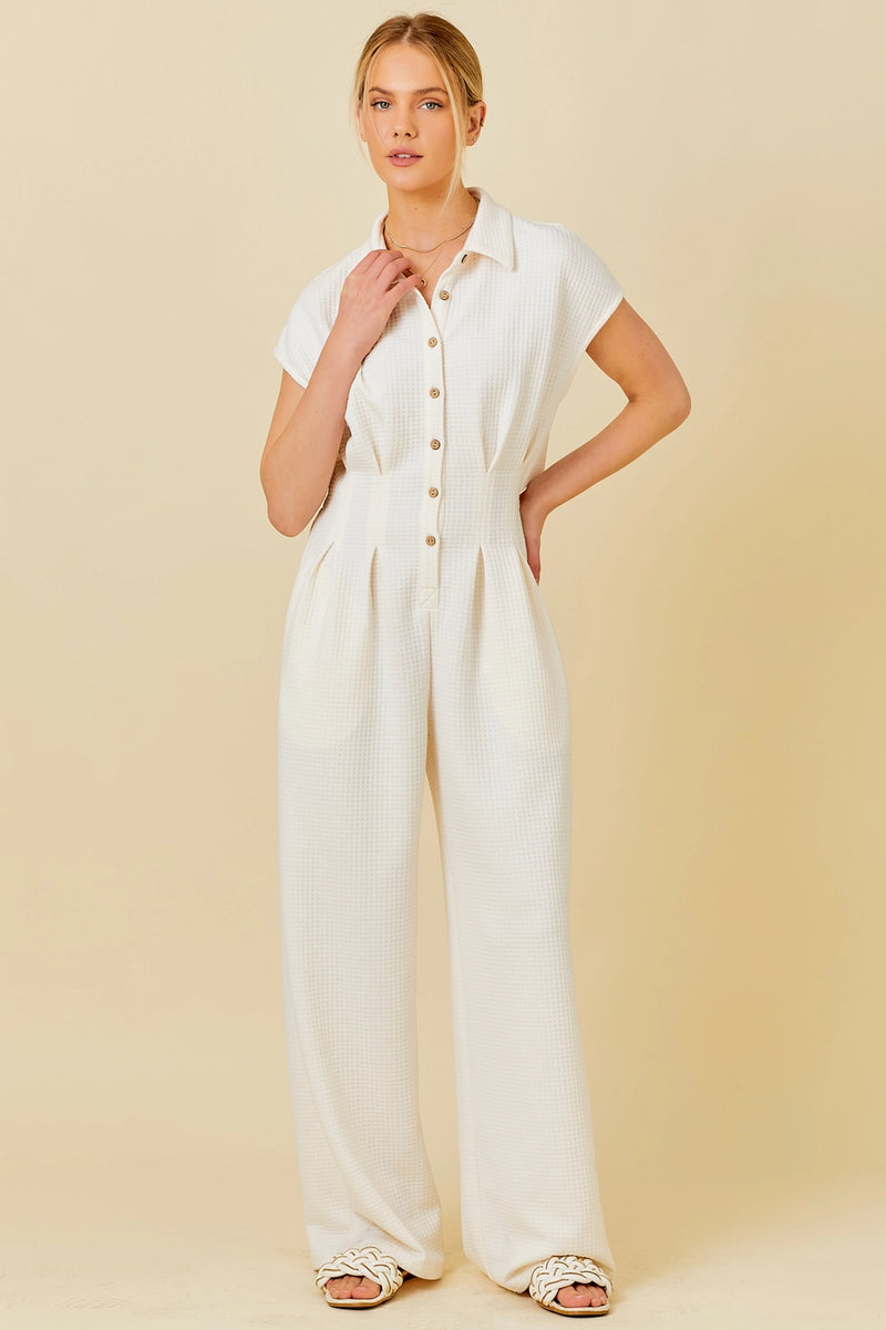 Waffle Knit Pintuck (Ivory) Jumpsuit w/ Peek-A-Boo Back