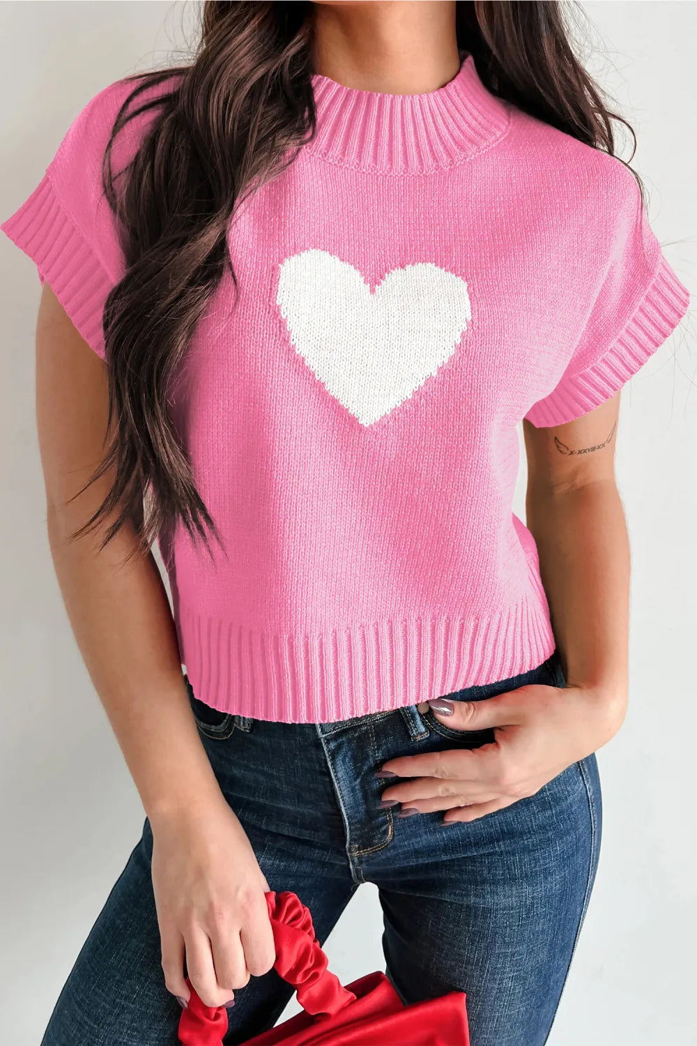 Pink and White Heart, Cropped Short Sleeve Sweater