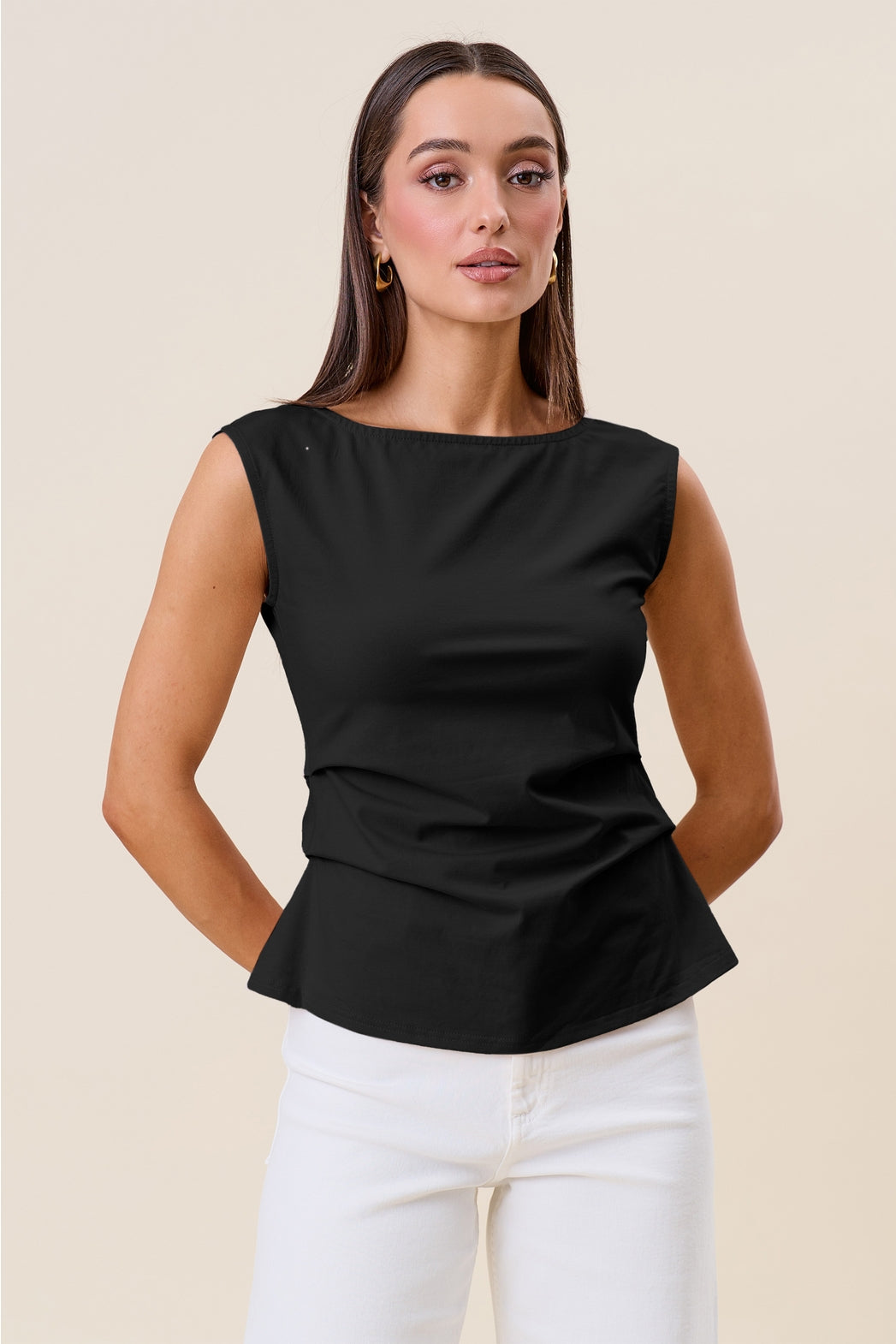 Side Pleated (Black) Boatneck 95% Cotton Top