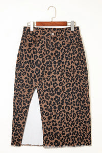 Brown Leopard Frayed-Bottom Denim Skirt with Slit