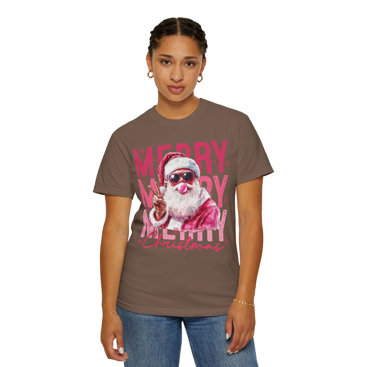 Pink Merry Christmas Bubblegum Santa - Comfort Colors | Trendy Women's T-Shirt. Direct to Garment. Printed & Shipped in the USA. Unisex Sizes.