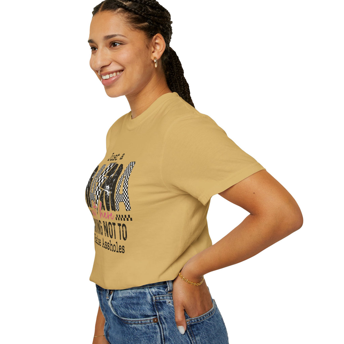 Just a Mama Out Here Trying Not To Raise Assholes - Comfort Colors | Trendy Women's T-Shirt. Direct to Garment. Printed & Shipped in the USA. Unisex Sizes.