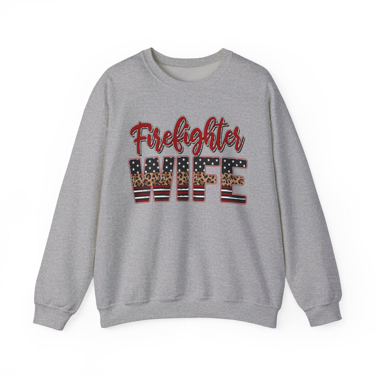 Firefighter Wife Patriotic Flag Lettering for Firefighter Spouse – Gildan Heavy Blend | Trendy Women’s Soft Sweatshirt. Direct to Garment. Printed & Shipped in the USA. Unisex Sizes.