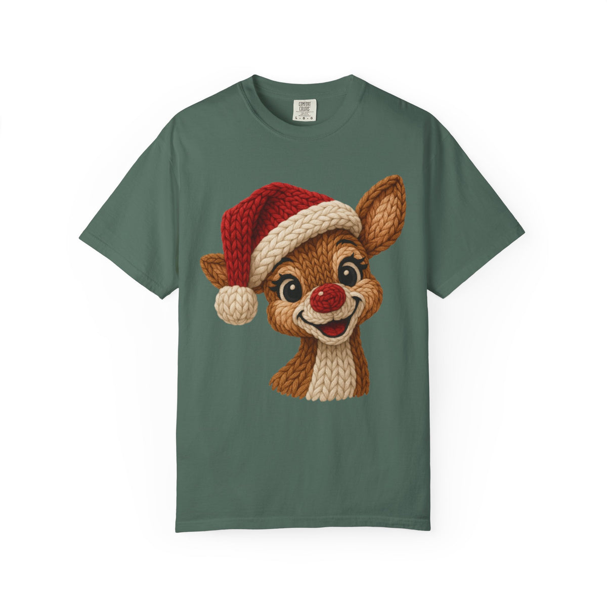 Cute Rudolph Faux Knit Look Reindeer w/Santa Hat - Comfort Colors | Trendy Women's T-Shirt. Direct to Garment. Printed & Shipped in the USA. Unisex Sizes.
