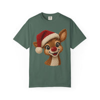 Cute Rudolph Faux Knit Look Reindeer w/Santa Hat - Comfort Colors | Trendy Women's T-Shirt. Direct to Garment. Printed & Shipped in the USA. Unisex Sizes.
