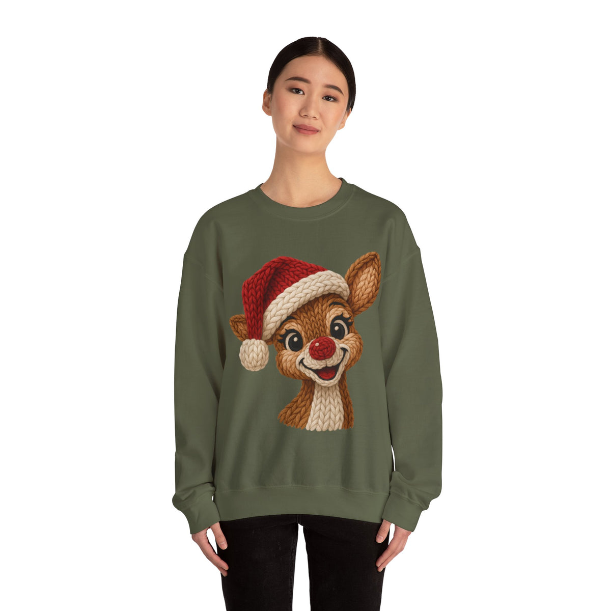Cute Rudolph Faux Knit Look Reindeer w/Santa Hat – Gildan Heavy Blend | Trendy Women’s Soft Sweatshirt. Direct to Garment. Printed & Shipped in the USA. Unisex Sizes.