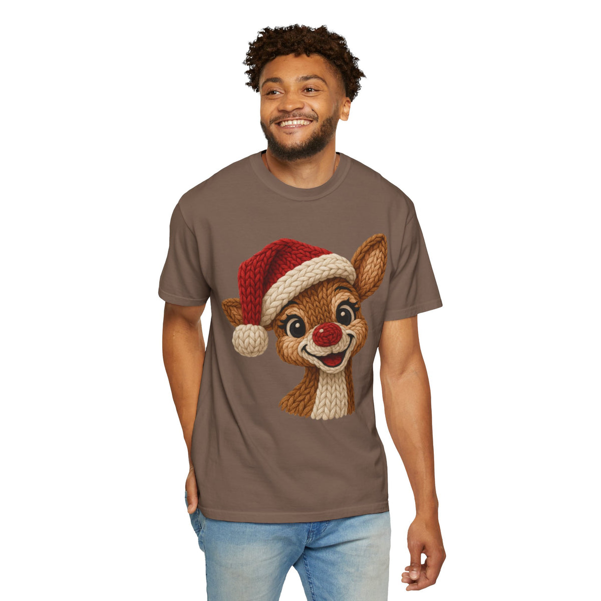 Cute Rudolph Faux Knit Look Reindeer w/Santa Hat - Comfort Colors | Trendy Women's T-Shirt. Direct to Garment. Printed & Shipped in the USA. Unisex Sizes.