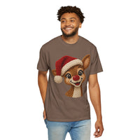 Cute Rudolph Faux Knit Look Reindeer w/Santa Hat - Comfort Colors | Trendy Women's T-Shirt. Direct to Garment. Printed & Shipped in the USA. Unisex Sizes.