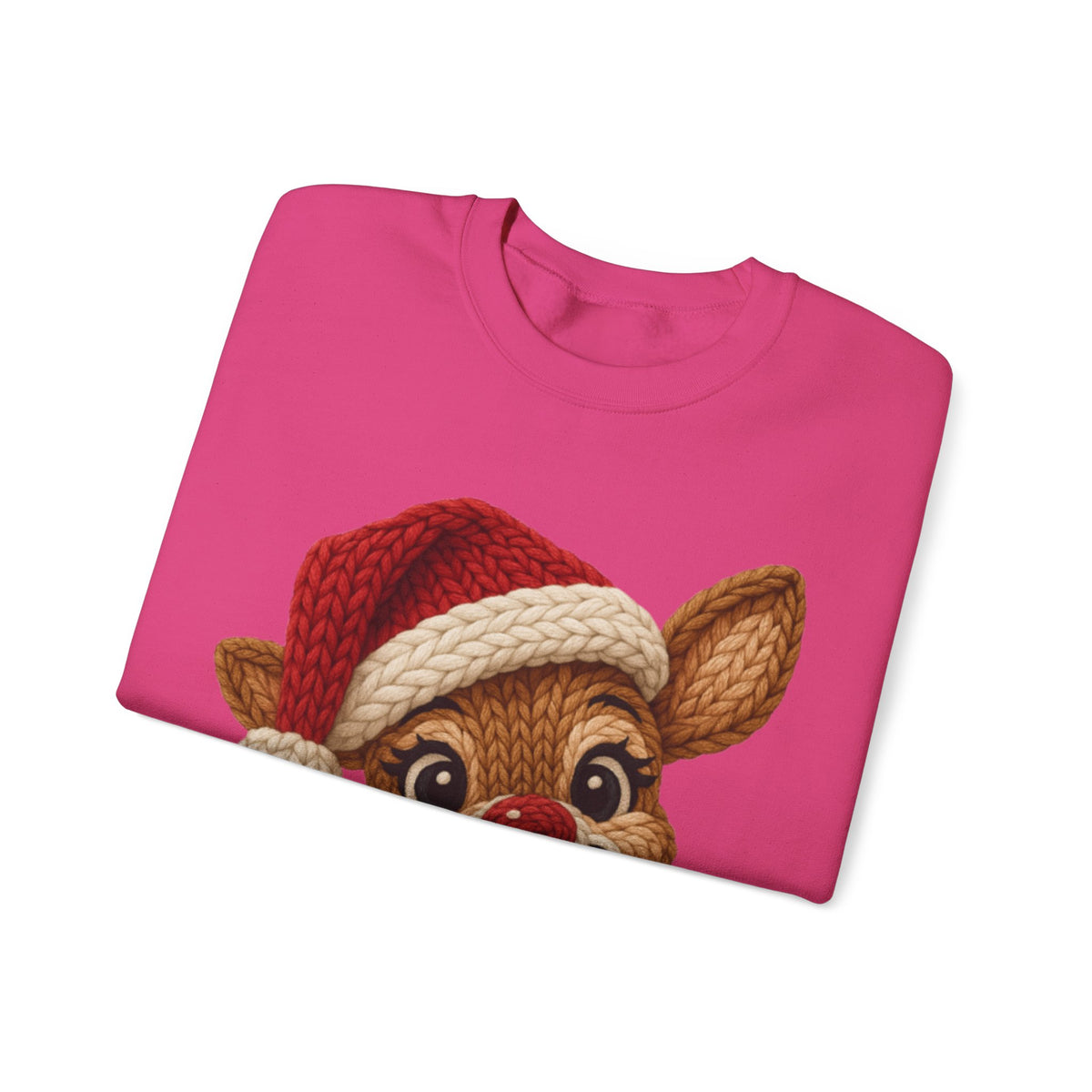 Cute Rudolph Faux Knit Look Reindeer w/Santa Hat – Gildan Heavy Blend | Trendy Women’s Soft Sweatshirt. Direct to Garment. Printed & Shipped in the USA. Unisex Sizes.