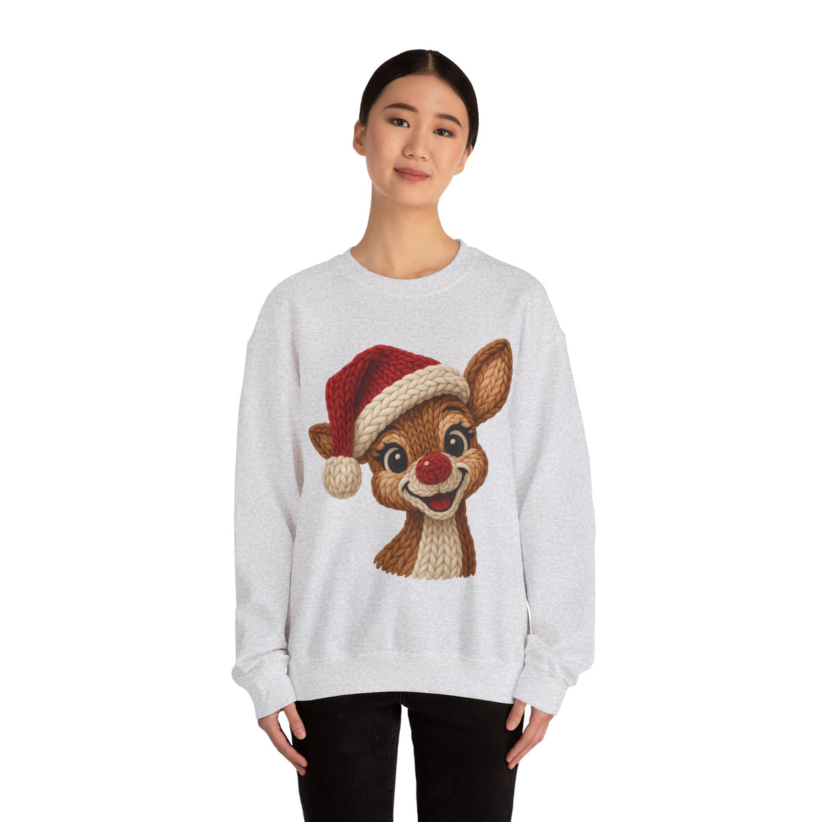 Cute Rudolph Faux Knit Look Reindeer w/Santa Hat – Gildan Heavy Blend | Trendy Women’s Soft Sweatshirt. Direct to Garment. Printed & Shipped in the USA. Unisex Sizes.