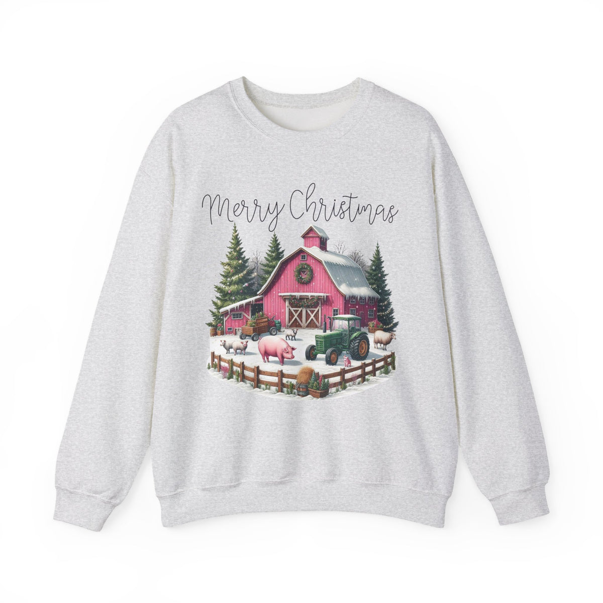Merry Christmas Pink Barn Farm Animals – Gildan Heavy Blend | Trendy Women’s Soft Sweatshirt. Direct to Garment. Printed & Shipped in the USA. Unisex Sizes.