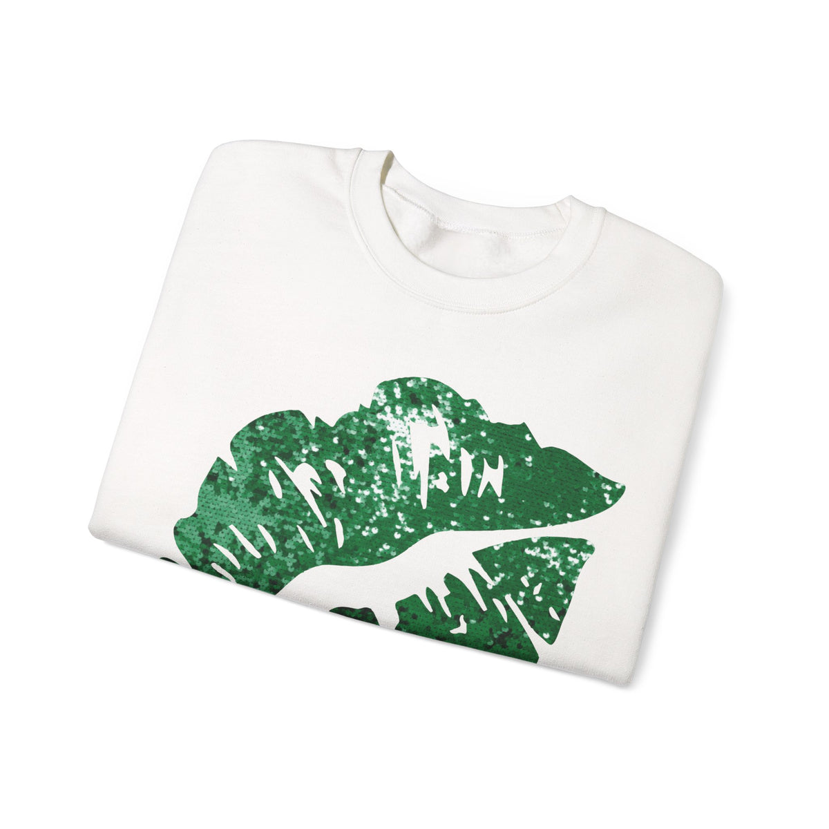 Green Faux Glitter Kiss – Gildan Heavy Blend | Trendy Women’s Soft Sweatshirt. Direct to Garment. Printed & Shipped in the USA. Unisex Sizes.
