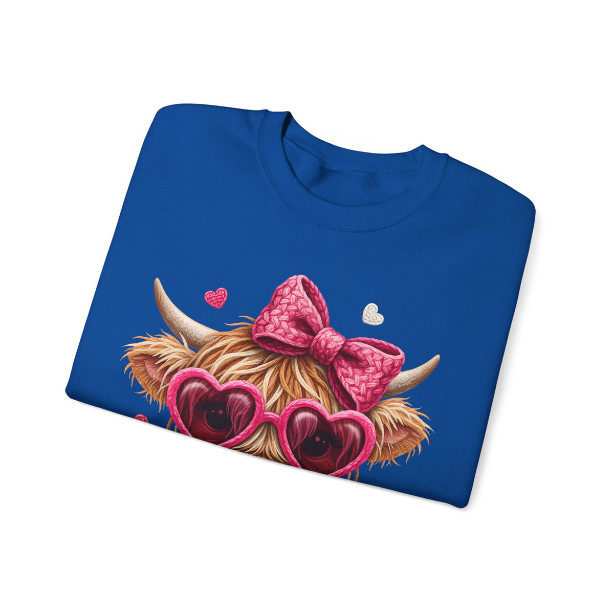 Highland Cow - Pink Heart Shaped Glasses – Gildan Heavy Blend | Trendy Women’s Soft Sweatshirt. Direct to Garment. Printed & Shipped in the USA. Unisex Sizes.