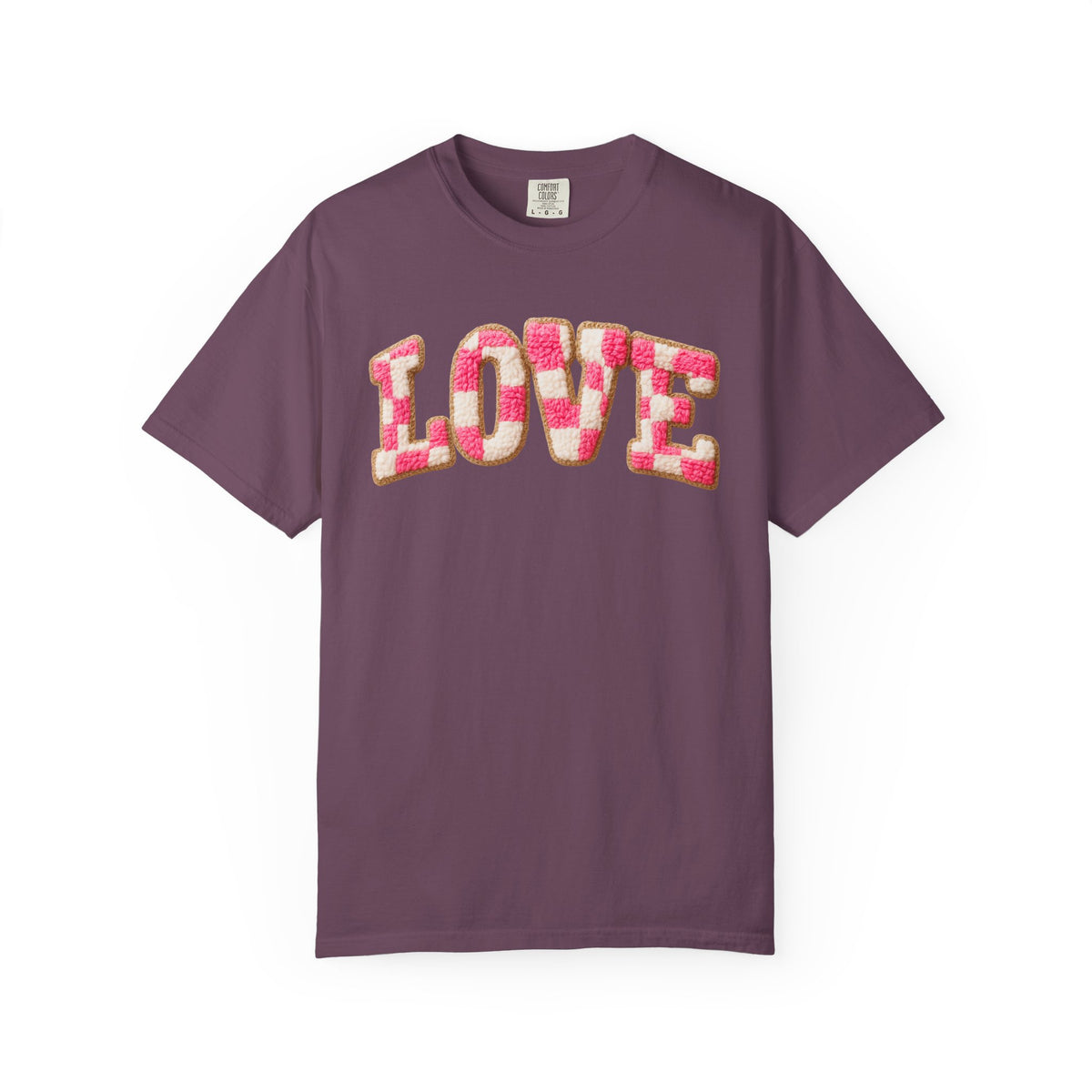 Faux Crochet Checkered LOVE - Comfort Colors | Trendy Women's T-Shirt. Direct to Garment. Printed & Shipped in the USA. Unisex Sizes.
