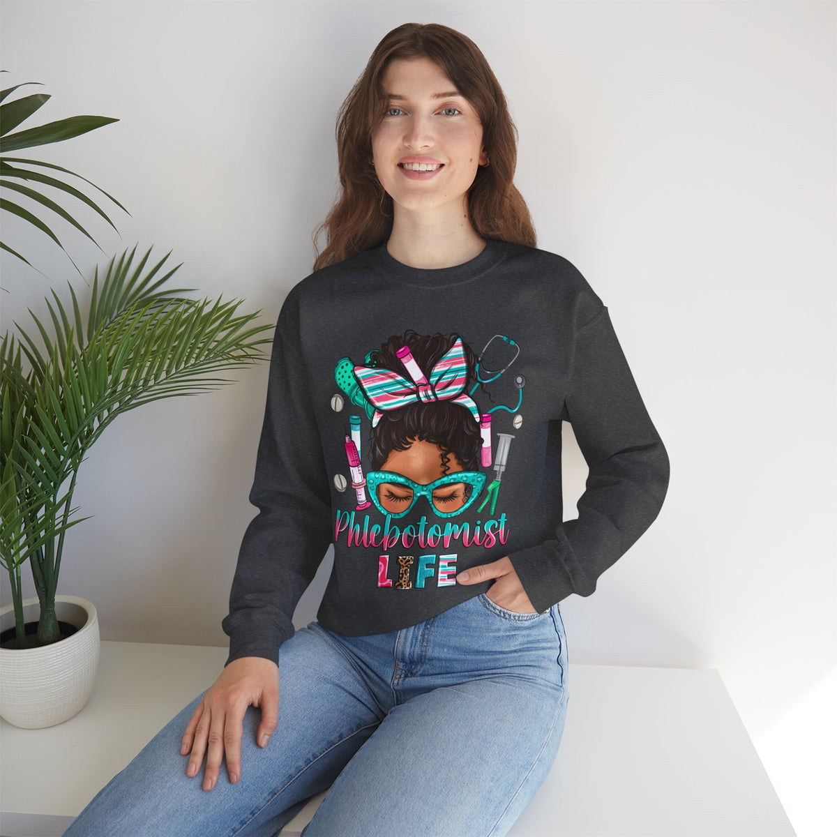 Phlebotomist Life, Messy Bun – Gildan Heavy Blend | Trendy Women’s Soft Sweatshirt. Direct to Garment. Printed & Shipped in the USA. Unisex Sizes.