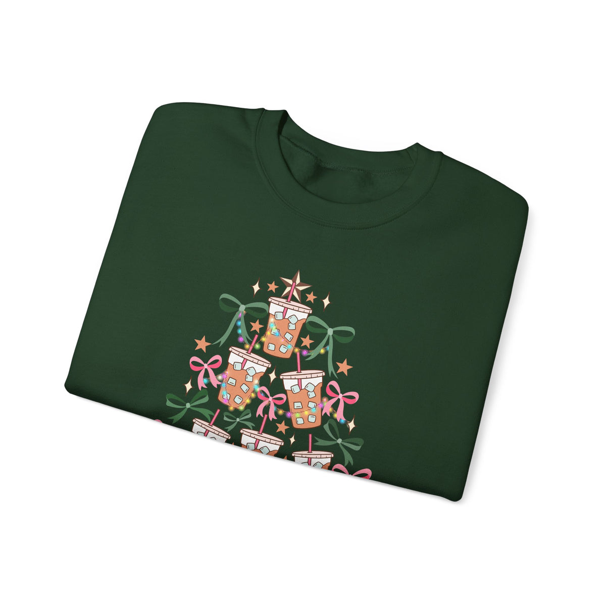 Merry and Caffeinated Iced Coffee Christmas Tree – Gildan Heavy Blend | Trendy Women’s Soft Sweatshirt. Direct to Garment. Printed & Shipped in the USA. Unisex Sizes.