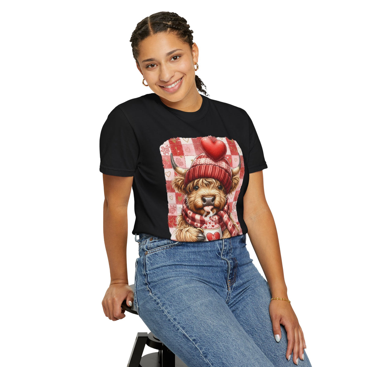 Highland Cow Be Mine, Red Checkered - Comfort Colors | Trendy Women's T-Shirt. Direct to Garment. Printed & Shipped in the USA. Unisex Sizes.