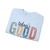 Today's Good Mood Sponsored By Jesus, Christian, Faith – Gildan Heavy Blend | Trendy Women’s Soft Sweatshirt. Direct to Garment. Printed & Shipped in the USA. Unisex Sizes.