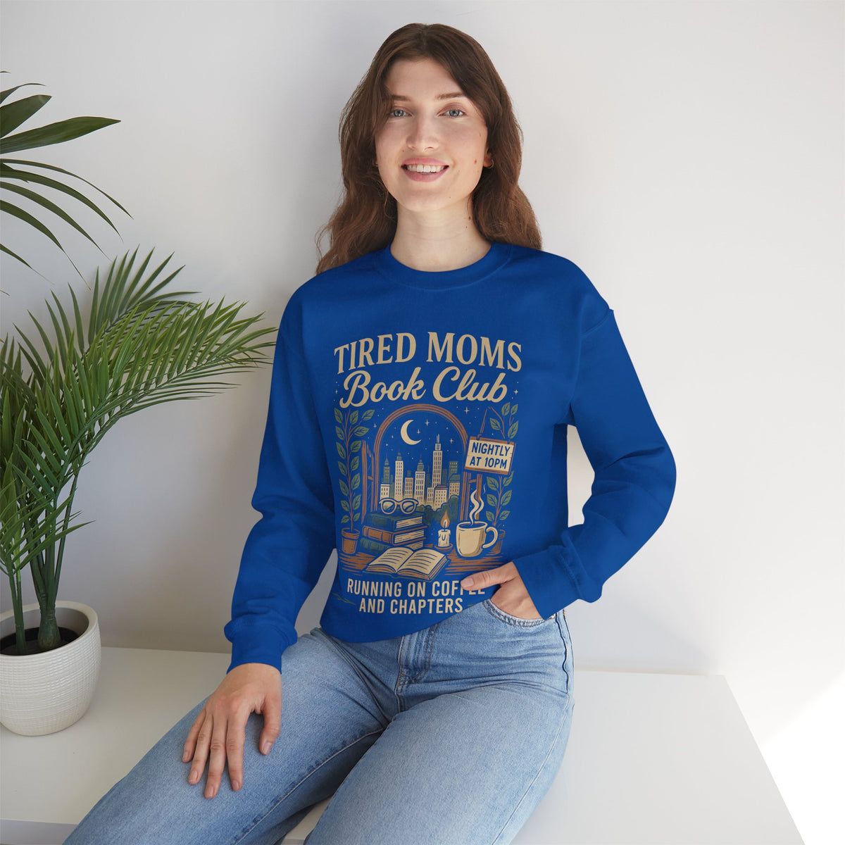 Tired Moms Book Club Running on Coffee and Chapters – Gildan Heavy Blend | Trendy Women’s Soft Sweatshirt. Direct to Garment. Printed & Shipped in the USA. Unisex Sizes.