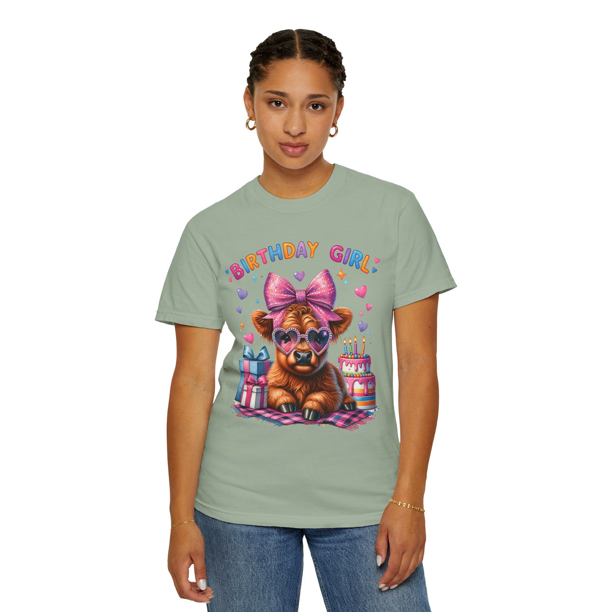 Birthday Girl, Highland Cow - Comfort Colors | Trendy Women's T-Shirt. Direct to Garment. Printed & Shipped in the USA. Unisex Sizes.