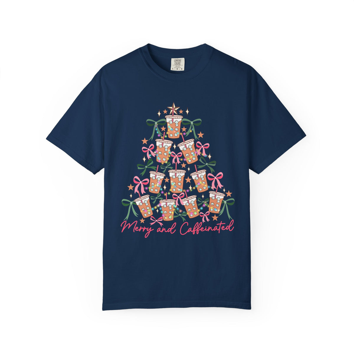 Merry and Caffeinated Iced Coffee Christmas Tree - Comfort Colors | Trendy Women's T-Shirt. Direct to Garment. Printed & Shipped in the USA. Unisex Sizes.