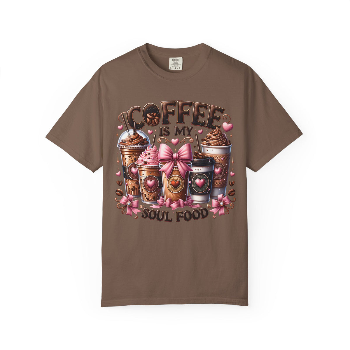 Coffee Is My Soul Food, Iced Coffee, Pink Bow - Comfort Colors | Trendy Women's T-Shirt. Direct to Garment. Printed & Shipped in the USA. Unisex Sizes.