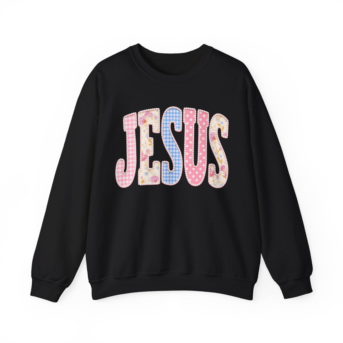 JESUS Pastel Faux Patchwork – Gildan Heavy Blend | Trendy Women’s Soft Sweatshirt. Direct to Garment. Printed & Shipped in the USA. Unisex Sizes.