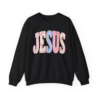 JESUS Pastel Faux Patchwork – Gildan Heavy Blend | Trendy Women’s Soft Sweatshirt. Direct to Garment. Printed & Shipped in the USA. Unisex Sizes.