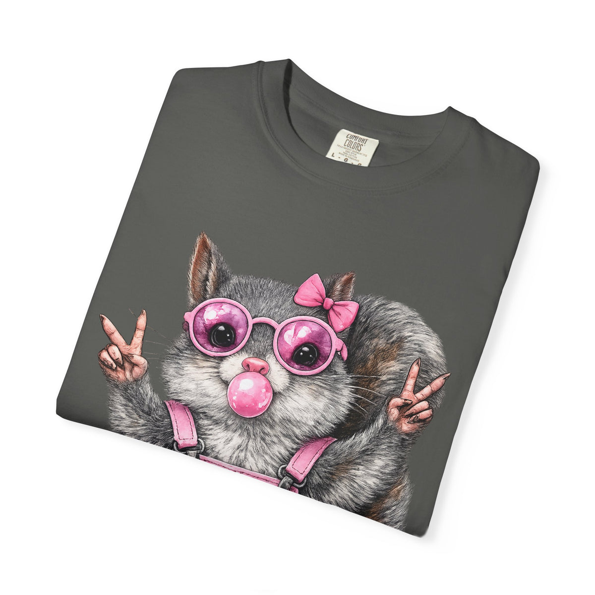 Cute But Feral, Squirrel in Pink Bibs - Comfort Colors | Trendy Women's T-Shirt. Direct to Garment. Printed & Shipped in the USA. Unisex Sizes.