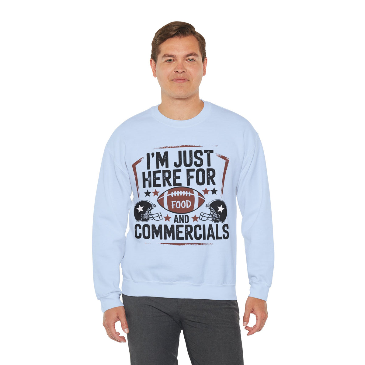 I'm Just Here for Food and Commercials – Gildan Heavy Blend | Trendy Women’s and Men's Soft Sweatshirt. Direct to Garment. Printed & Shipped in the USA. Unisex Sizes.