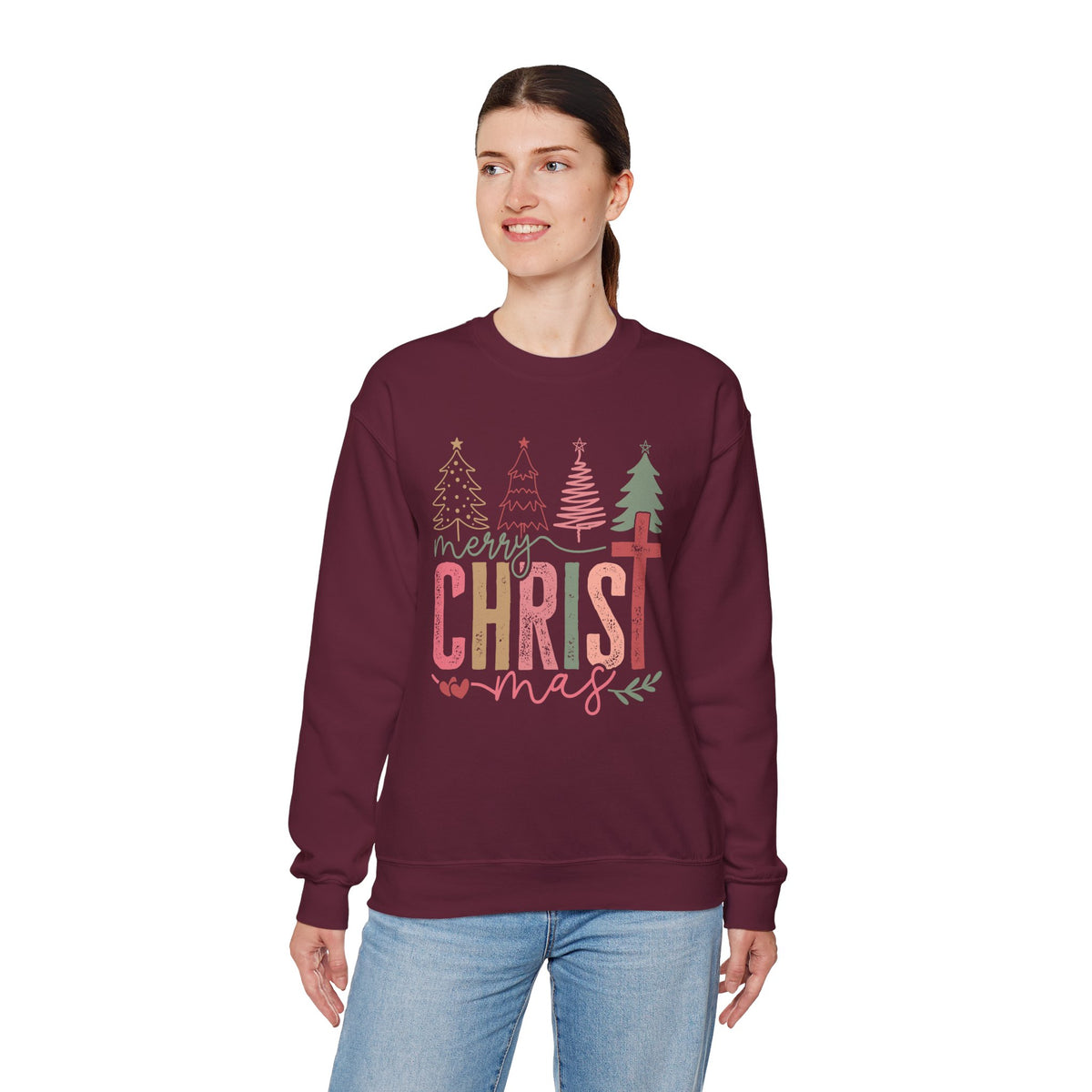 Merry ChrisTmas Christian Faith Graphic – Gildan Heavy Blend | Trendy Women’s Soft Sweatshirt. Direct to Garment. Printed & Shipped in the USA. Unisex Sizes.
