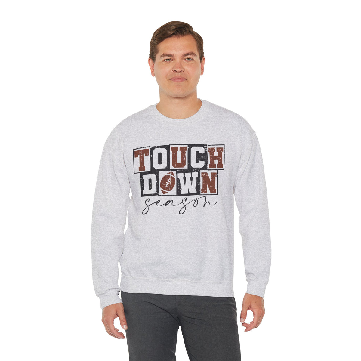 Touchdown Season - Distressed – Gildan Heavy Blend | Trendy Men's and Women’s Soft Sweatshirt. Direct to Garment. Printed & Shipped in the USA. Unisex Sizes.