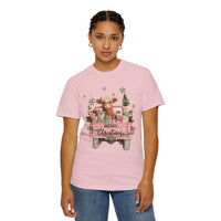 Highland Cow in Pink Truck Merry Christmas Holiday Farmhouse - Comfort Colors | Trendy Women's T-Shirt. Direct to Garment. Printed & Shipped in the USA. Unisex Sizes.