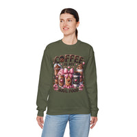 Coffee Is My Soul Food, Iced Coffee, Pink Bow – Gildan Heavy Blend | Trendy Women’s Soft Sweatshirt. Direct to Garment. Printed & Shipped in the USA. Unisex Sizes.